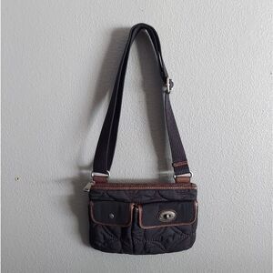 Fossil Key Per Black Quilted Crossbody Shoulder Bag Purse Brown Leather Trim